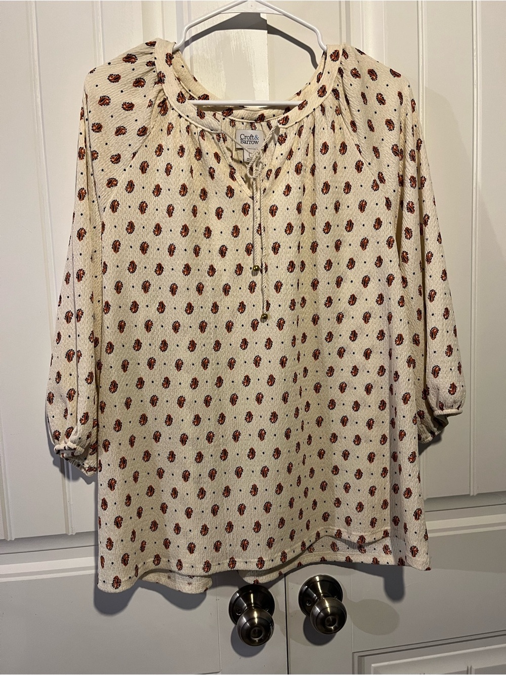 croft & barrow Cream Peasant Blouse with Rust Dot Floral Print